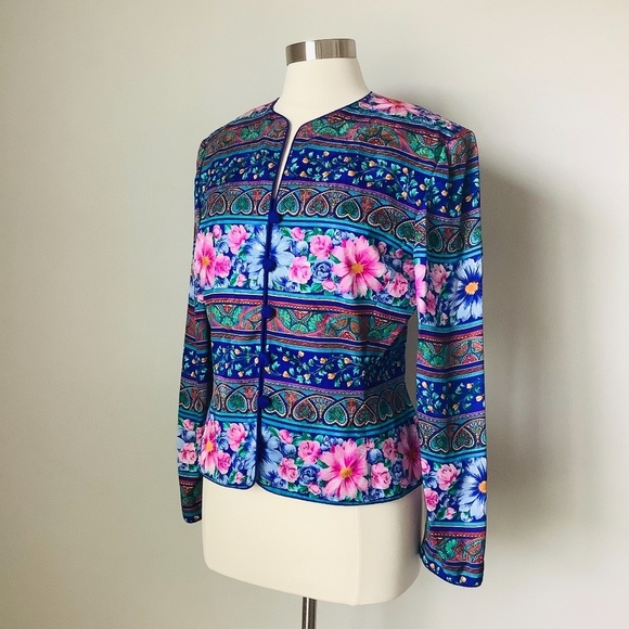 Vintage Adrianna Pappell New York 100% Silk Floral Blazer Jacket Size 10 - Picture 11 of 16